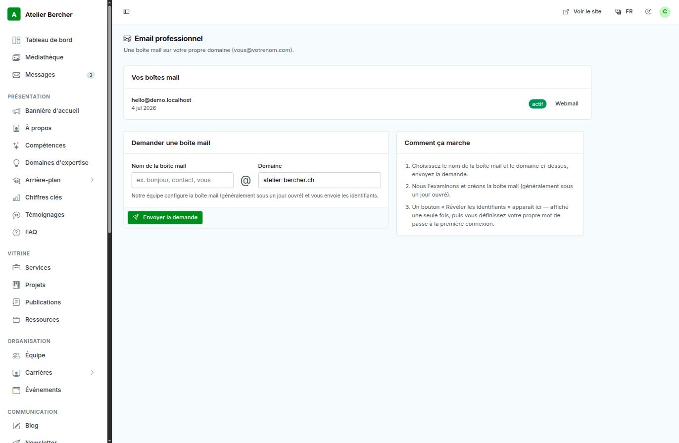 O ecrã E-mail profissional: as suas caixas, o formulário de pedido e os três passos explicados.